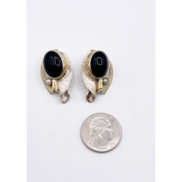 VTG Sterling Silver & Vermeil Modernist Earrings 925 Black Cabochon Faux Pearl - Picture 5 of 11